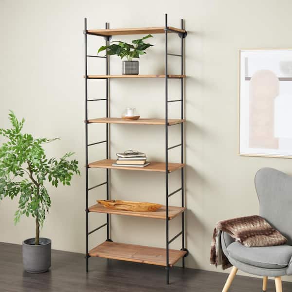 Litton Lane 87 in. Tall Brown Wood Stationary Rectangular Bookcase with Black Metal Ladder Frames