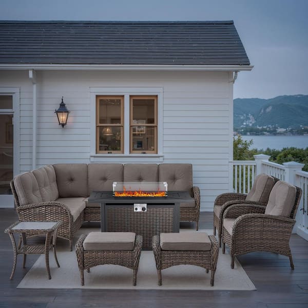 Carlos 8-Piece Patio Fire Pit Conversation Set with Lounge Chairs, 8-Seat Outdoor Sectional Sofa Set with Gray Cushions