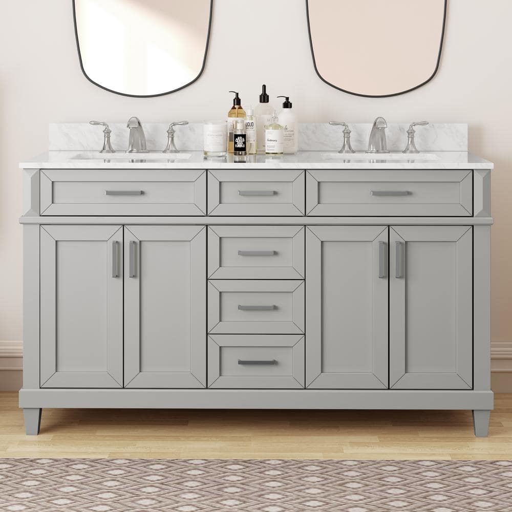 Talmore 60 in W x 22 in D x 35 in H Double Sink Bath Vanity in Sky Grey With White Engineered Carrara Marble Top -  Home Decorators Collection, VA-FC0201