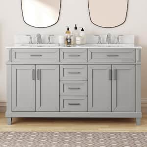 Talmore 60 in. W x 22 in. D x 35 in. H Freestanding Bath Vanity in Grey with White Engineered Marble Top