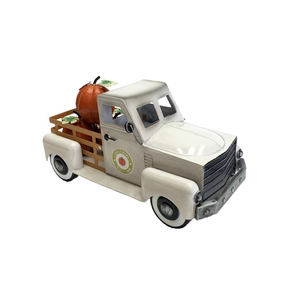 Zaer Ltd. International 10 in. Tall Country Style Metal Truck with Pumpkins  in Antique White ZR160892-AW - The Home Depot