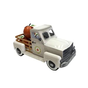 10 in. Tall Country Style Metal Truck with Pumpkins in Antique White