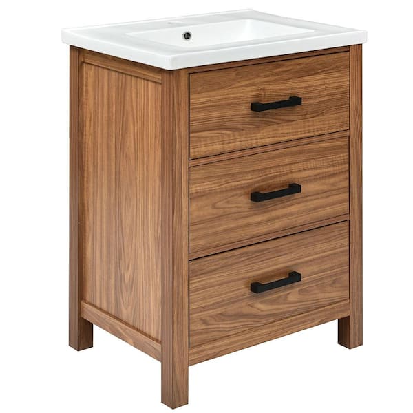 24 in. Freestanding Vintage Style Bath Vanity in Natural Wood Brown with Ceramic Basin Sink Top and 3 Drawers