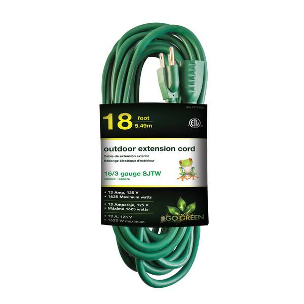 Go Green Power 18 ft. 16/3 Heavy Duty Extension Cord, Green
