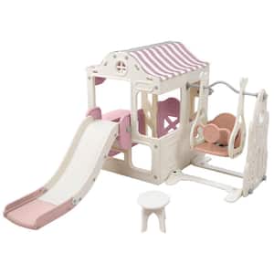 Pink 6 in 1 Kids Playground Climber Slide Playset with Fairy House, Freestanding Slide