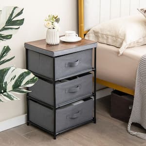 Grey and Rustic Brown 3-Drawers 12 in. W Nightstand Dresser Fabric Storage Tower Organizer Unit Tall Nightstand