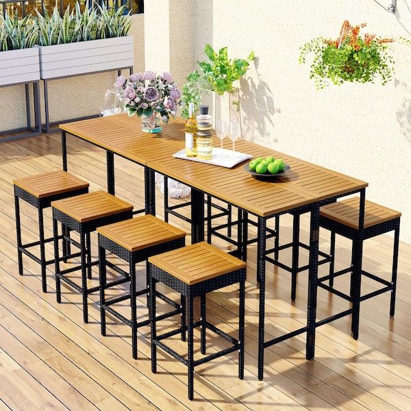 waelph Brown 10-Piece Wood Outdoor Patio Wicker Bar Set