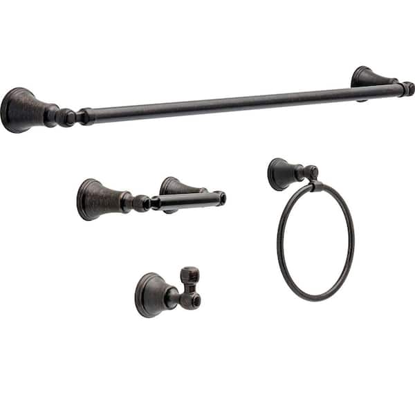 Woodhurst 4-Piece Bathroom Hardware Set 24 in. Towel Bar, Toilet Paper Holder, Ring, Hook in Venetian Bronze