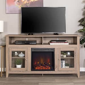 58" Transitional Fireplace Glass Wood TV Stand Entertainment Center - Driftwood