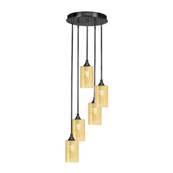 Unbranded Villa 5 Light Matte Black Pendant, Cluster Pendant Light with 4 in. Gold Matrix Glass Shades, No Bulbs Included
