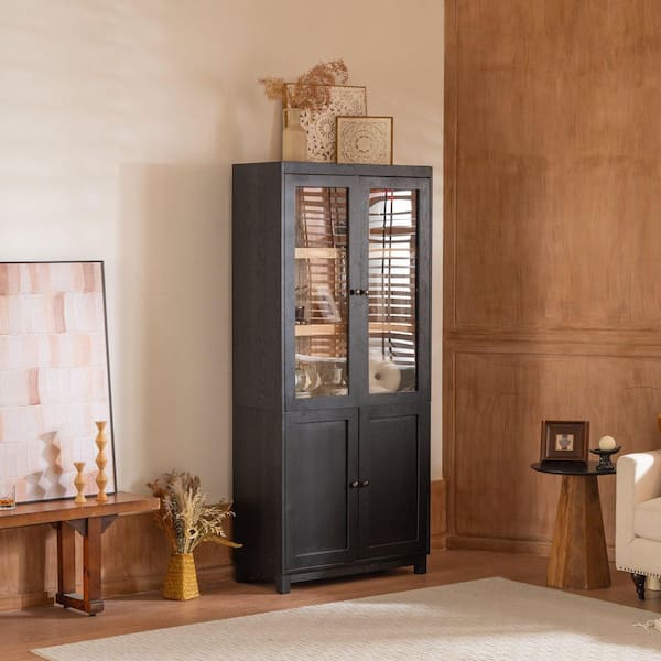 Black 74.5 in. Accent Cabinet, Pantry Cabinet with Glass Doors and Adjustable Shelves