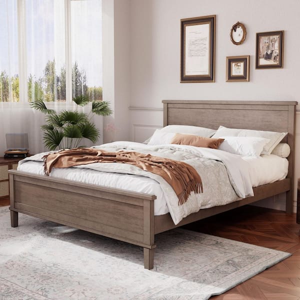 Brown Wood Frame Queen Platform Bed with Headboard and Wood Slat Support
