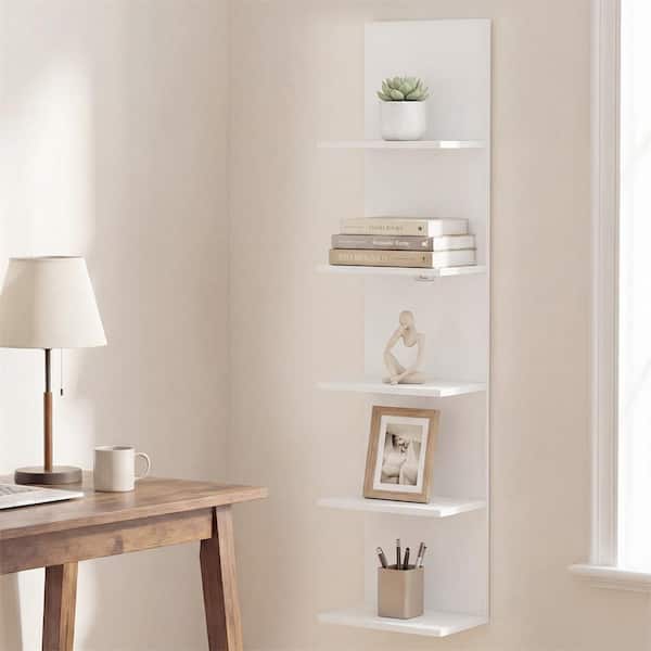 5-Tier 51 in. Tall Wall Mounted White Wood Bookcase Unit Floating Vertical Storage Shelves with Wood Grain