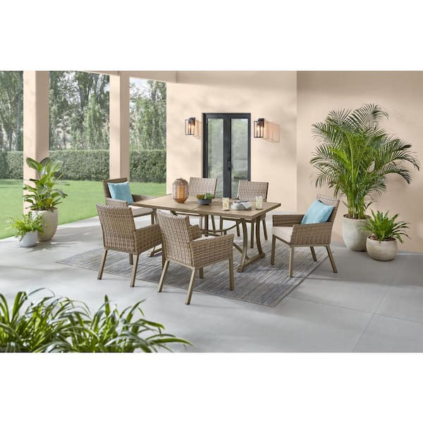 Holly Cove 7-Piece Wicker Rectangular Outdoor Dining Set with CushionGuard Almond Cushions