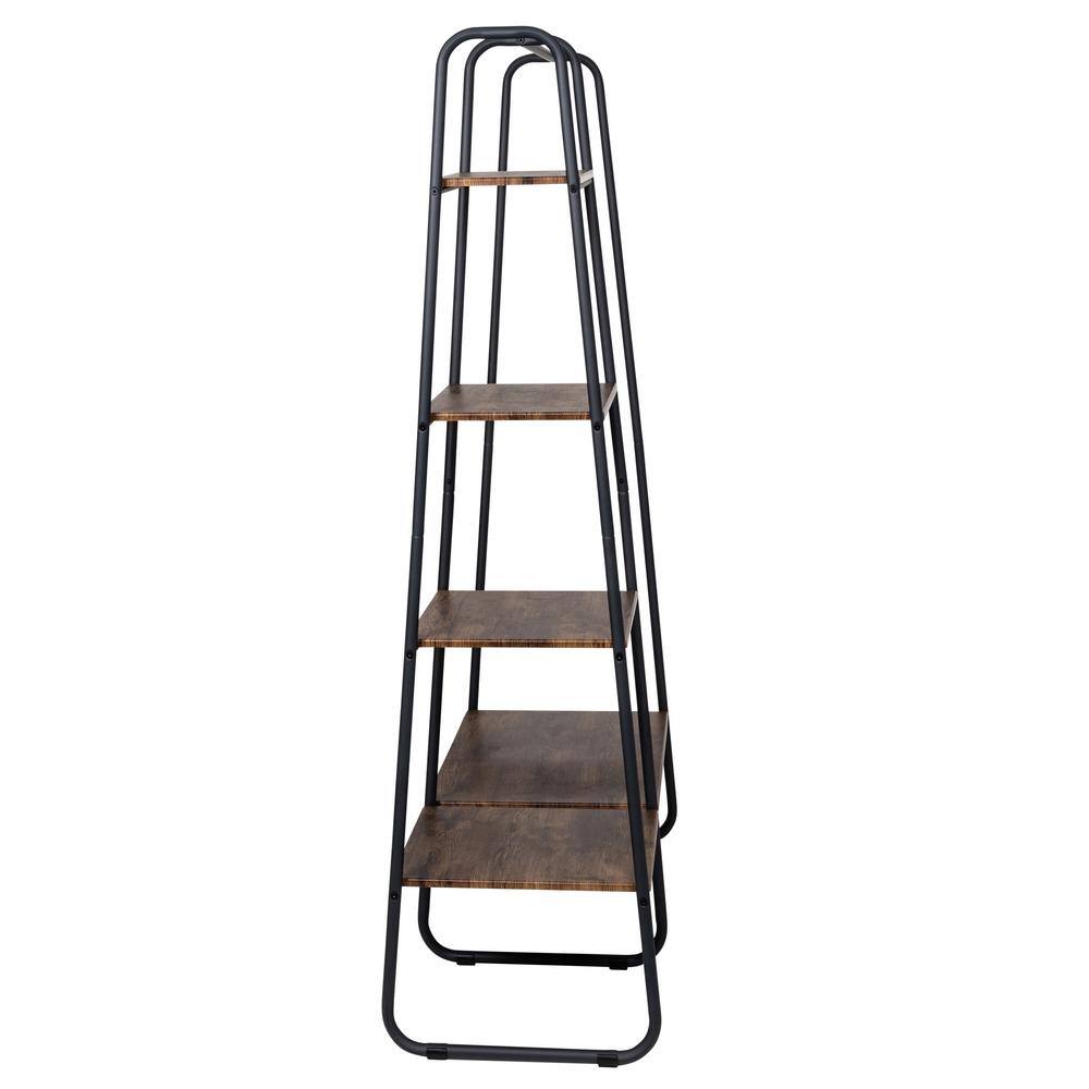 Black Industrial Garment Rack with Medium Wood Shelves