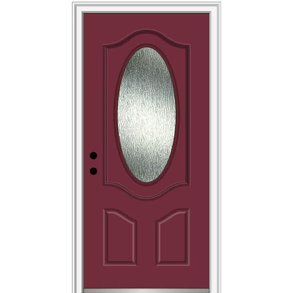MMI Door 36 in. x 80 in. Right-Hand Inswing Rain Glass Burgundy Fiberglass Prehung Front Door on 6-9/16 in. Frame