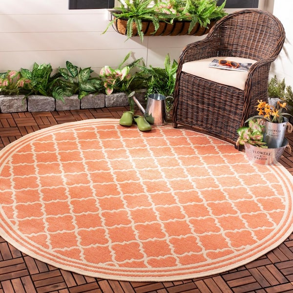 Beach House Rust/Cream 7 ft. x 7 ft. Round Trellis Indoor/Outdoor Patio  Area Rug