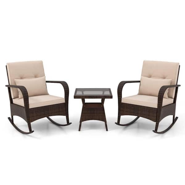 3-Piece Wicker Outdoor Patio Conversation Rocking Set with Tempered Glass Coffee Table and Brown Cushions
