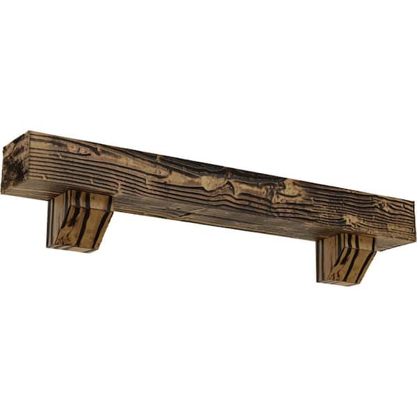 Ekena Millwork 8 in. x 10 in. x 3 ft. Sandblasted Faux Wood Fireplace Mantel Kit, Ashford Corbels, Natural Golden Oak