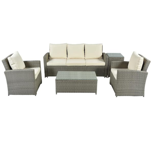 Tunearary 5-Piece Wicker Patio Sectional Sofa Set with Beige Cushions and Table
