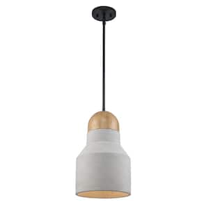 Urban 6 in. 1-Light Black Mini Pendant Light Fixture with Grey Concrete and Faux Wood Shade