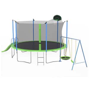 Anky 12 ft. Green Metal Trampolines with Slide and Swings, Basketball Hoop, Ladder, Net, Capacity for Kids and Adults