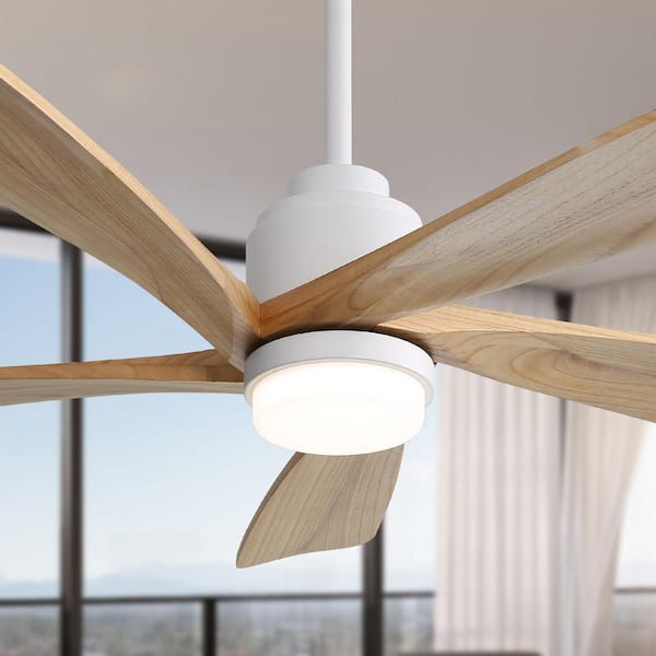 52 in. Smart White Indoor Solid Wood Grain Brown Blade 3-Size Downrod Mount Ceiling Fan with 3-Color Dimmable Light