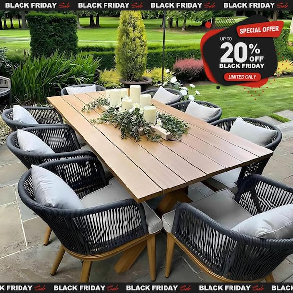 Teak-Finish 9-Piece Wicker Square Aluminum Frame Outdoor Dining Set and Pillows with Beige Cushions