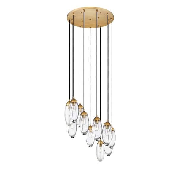 Unbranded Arden 11-Light Rubbed Brass Shaded Round Chandelier with Clear Glass Shade with No Bulbs Included