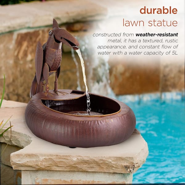Alpine Corporation - 16 in. Tall Indoor/Outdoor Rustic Metal Toucan Water Fountain Yard Statue Decoration, Brown
