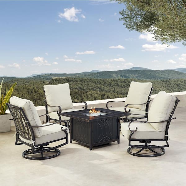 Oakland Living Black Aluminum Fire Table Set with 4-Club Chairs