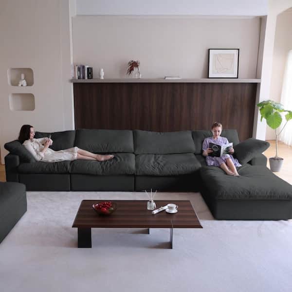 160.6 in. W Velvet Square Arm 5-piece L Shaped Oversized Modular Sectional Sofa in Black with Storage ottoman