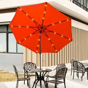 9 ft. Outdoor Beach Umbrella LED Solar Patio Umbrella with Tilt and Crank Without Base in Orange Red