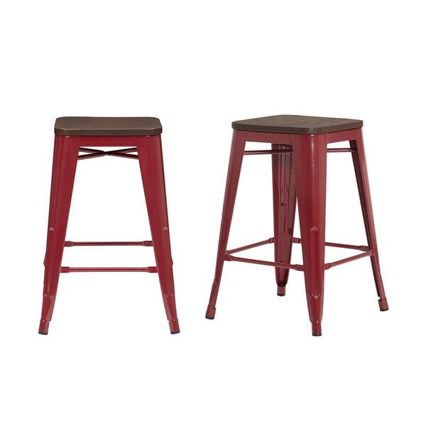 StyleWell Finwick Chili Red Metal Backless Counter Stool with Wood Seat (Set of 2) (16.54 in. W x 23.62 in. H)