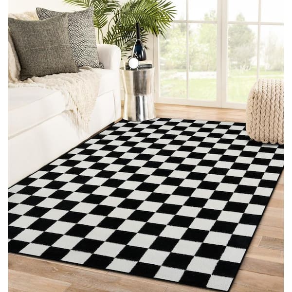Home Decor Anti-slip Carpet Mat Black White Checkered Pattern