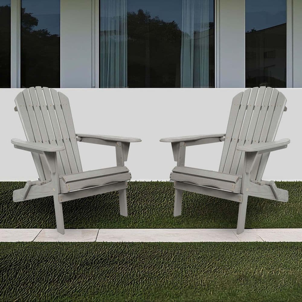 Gray Folding Wood Adirondack Chair 2-Pack, Wood Lounge Patio Chair for Outd