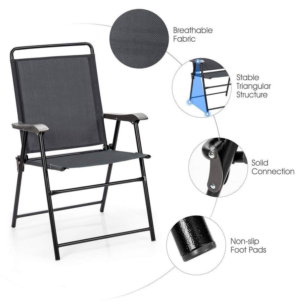 Gray Steel Folding Patio Chairs with Armrests, Set of 4