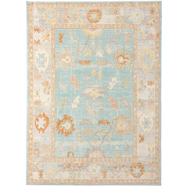 Amer Rugs Bohemian 8 ft. X 10 ft. Aqua Border, Floral, Oriental Area Rug