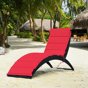 Black Reclining Wicker Outdoor Patio Rattan Lounge Chair Chaise Chair with Red Cushions
