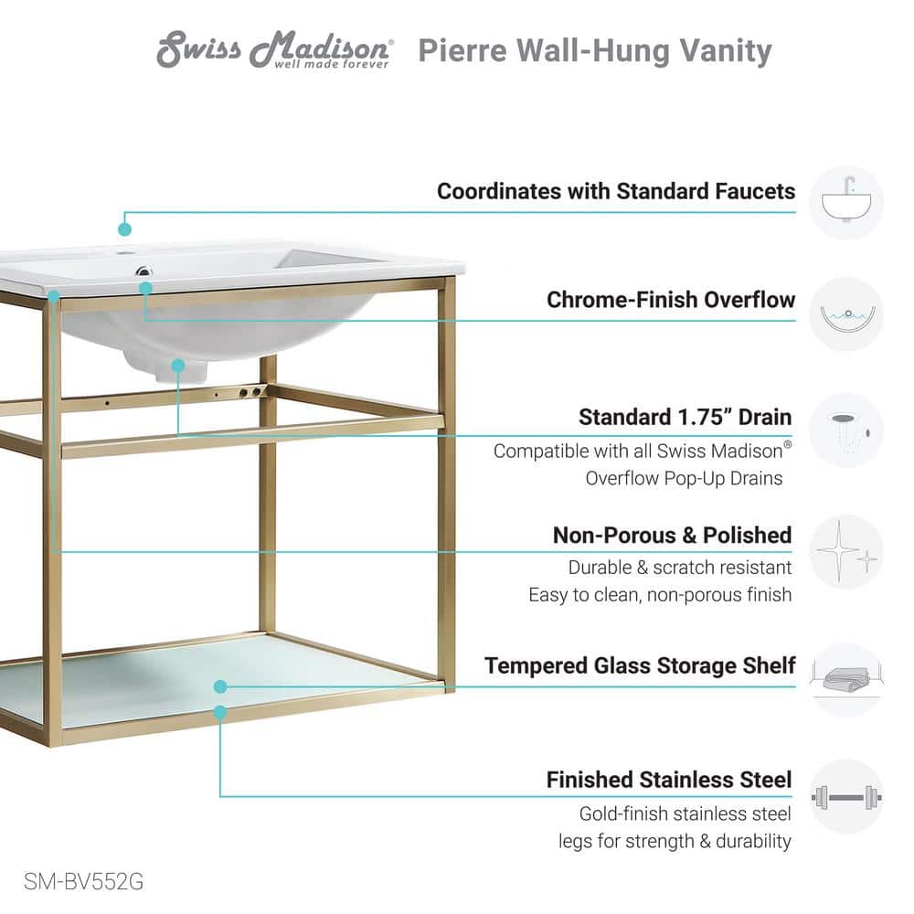 Pierre 24" Gold Metal Frame with Glass Shelf Wall-Mounted Vanity