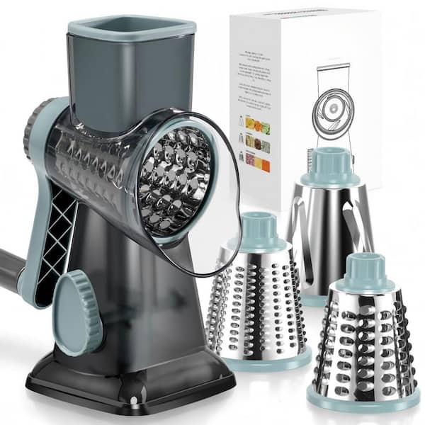 Rotary Cheese Grater with 3 Interchangeable Blades Suction Feet BPA-Free Design, Labor-Saving Handle for Cheese Gray