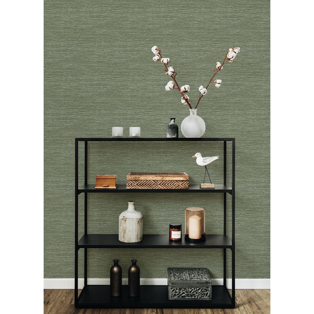Moss Green Vinyl-Coated Faux Grasscloth Wallpaper Roll