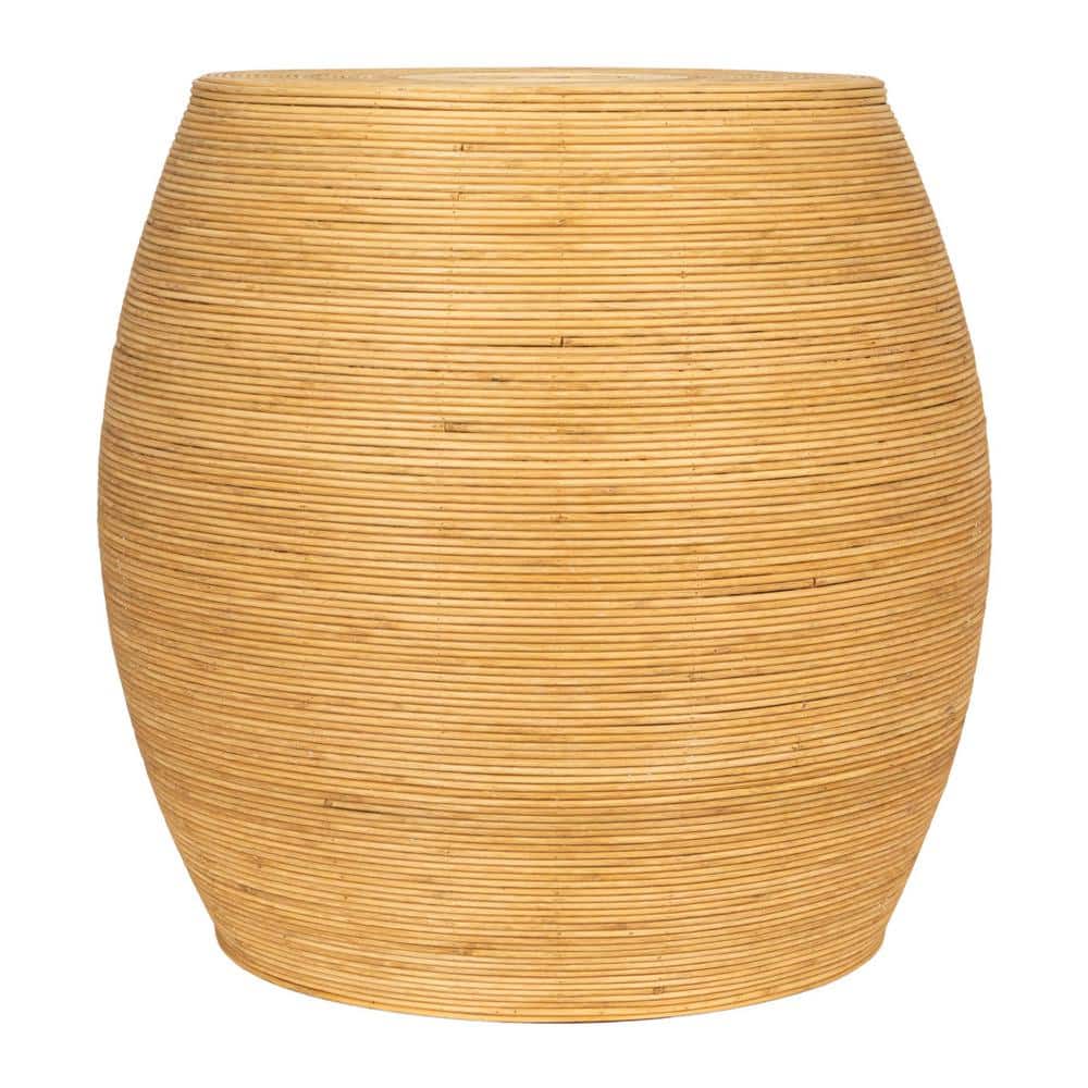 Natural Rattan Round Barrel Accent Table with Wood Frame