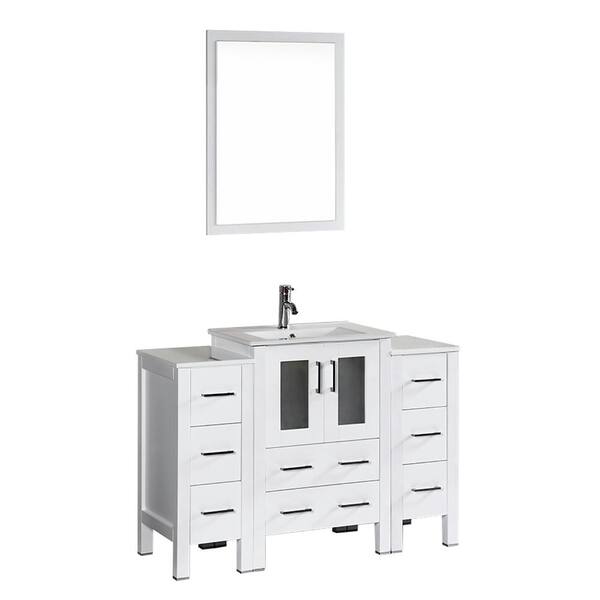 Bosconi Bosconi 48 in. W Single Bath Vanity in White with Ceramic Vanity Top with White Basin and Mirror