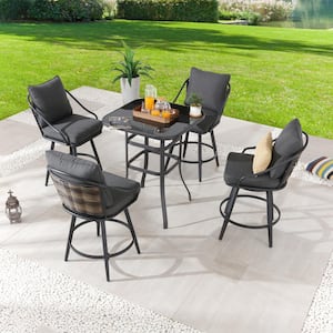 5-Piece Metal Bar Height Outdoor Dining Set with Gray Cushions