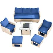 Echo Beige 6-Piece Wicker Outdoor Multi-Functional Patio Conversation Sofa Set with a Fire Pit and Navy Blue Cushions