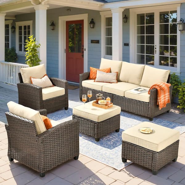 HOOOWOOO Marcia 5-Piece Wicker Modern Outdoor Patio Conversation Sofa Seating Set with Beige Cushions