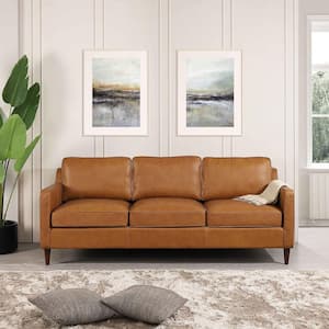 Miramar 81 in. W Square Arm Genuine Leather Modern Comfy Sofa in Cognac Brown (Seats 3)
