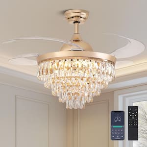 48 in. Modern Indoor Gold Retractable Crystal Ceiling Fan with light and Remote, Chandelier Ceiling fan Downrod Mount