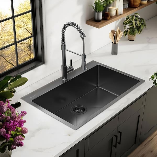 33 in. Drop-In Single Bowl 18 Gauge Gunmetal Black Stainless Steel Kitchen Sink with Black Spring Neck Faucet
